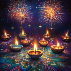 Colorful oil lamps and fireworks at night.
