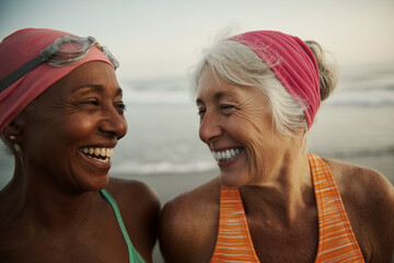 Two multi ethnic senior women wearing swimsuits and goggles are laughing together on the beach after swimming