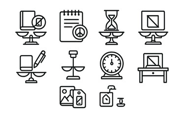Fototapeta premium Line style icons of analog balance: book + phone off icon, notepad with peace badge, no-screen hourglass, pen + journal symbol, analog timer icon, sketch + reflect screen, phone in drawer tag, device