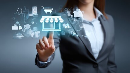 Obraz premium Professional Businesswoman Interacting with Digital E-commerce Icons and Graphics Representing Online Shopping and Retail Technology