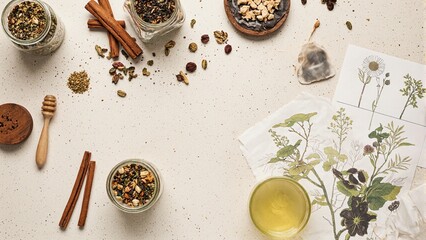 Earthy wellness flat lay with herbs cinnamon bark reusable tea bag and botanical illustrations Perfect for holistic living concepts