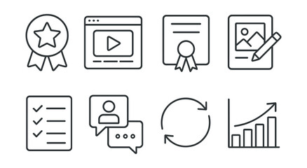 Line style icons of freelancer skill growth: new skill badge, online course screen, certificate of completion, portfolio update icon, practice task sheet, mentorship chat bubble, feedback loop,