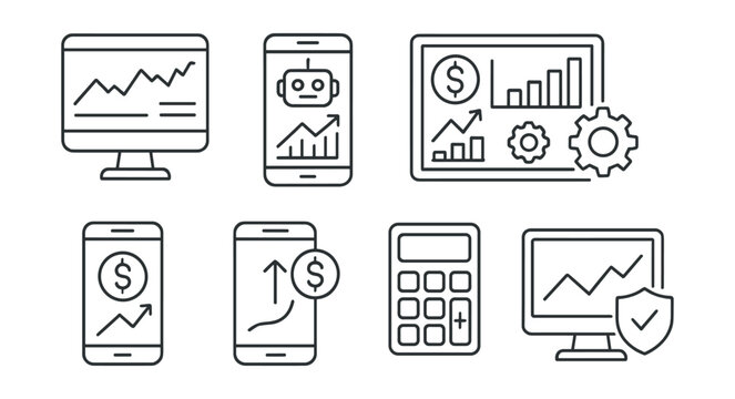 Line style icons of investment platforms: online broker screen, robo-advisor app, financial tools board, peer-to-peer lending page, app-based investing, mobile fund transfer, investing calculator