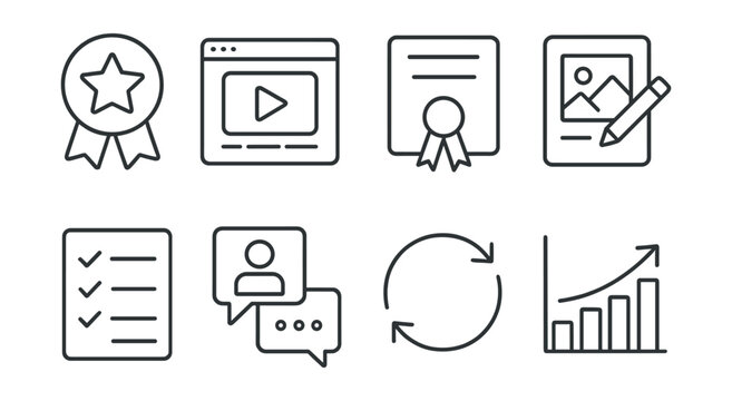 Line style icons of freelancer skill growth: new skill badge, online course screen, certificate of completion, portfolio update icon, practice task sheet, mentorship chat bubble, feedback loop,