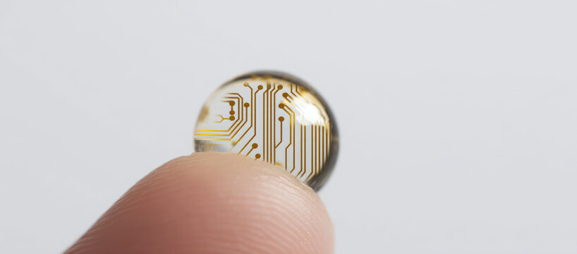 A fingertip holds a contact lens with embedded circuitry, suggesting advanced technology. Concept: innovation, technology, smart devices, microelectronics