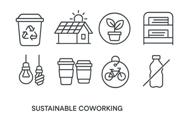 Line style icons of sustainable coworking: recycling station icon, solar panel on roof, green office plant badge, eco paper shelf, energy-saving lights, reusable cups icon, bike parking tag, no