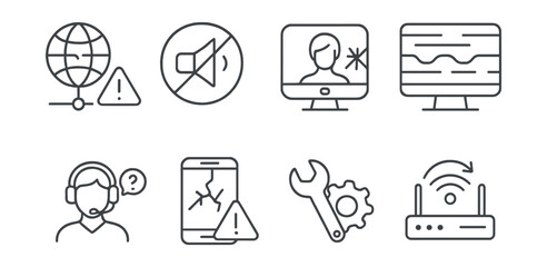Line style icons of remote tech issues: connection lost warning, audio not working badge, camera frozen symbol, glitch on screen icon, tech support request, app crash alert, fix settings icon, Wi-Fi