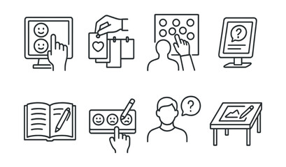 Line style icons of exhibition interaction: feedback touch screen, vote for favorite tag, sticker board icon, interactive quiz bubble, guestbook icon, exhibit reaction buttons, question-to-curator