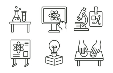 Obraz premium Line style icons of science exhibition: experiment demo table, interactive screen, microscope setup, tech display badge, scientific poster board, innovation model icon, exhibit explainer tag,