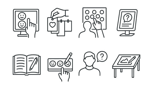 Line style icons of exhibition interaction: feedback touch screen, vote for favorite tag, sticker board icon, interactive quiz bubble, guestbook icon, exhibit reaction buttons, question-to-curator