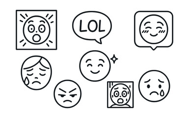Line style icons of emotions in comics: shocked face panel, laugh out loud bubble, tears and close-up icon, blushing cheeks tag, angry eyebrow badge, scared reaction panel, smile sparkles icon, sad