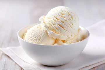scoop of vanilla ice cream sits elegantly on simple white bowl emphasizing its texture and creaminess