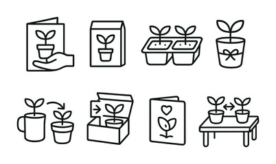 Line style icons of plant gifting and sharing: give-a-plant card, seed packet with name, shared starter tray, mini gift herb pot, class-to-class sprout kit, &ldquo;grow this too&rdquo; message box, thank-you