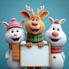 Fototapeta premium Two rabbits holding a festive reindeer sign, colorful holiday decor, bright indoor setting, winter theme.