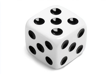Large white die with black dots isolated on a transparent background; dice template representing gambling addiction or table game concept, PNG format.