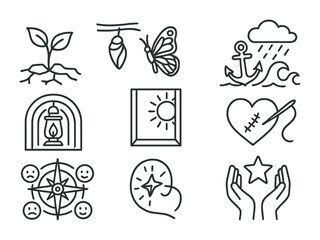Line style icons of therapeutic symbols: seedling in cracked ground, butterfly emerging, anchor in storm, lantern in tunnel, sun through window, thread stitching heart, compass with feeling signs,