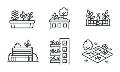 Line style icons of urban garden types: container balcony planter, rooftop green space, courtyard veggie patch, sidewalk herb box, pocket park bench with plants, vertical city wall garden, tree ring