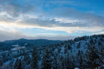View of snow covered mountains from Rollinsville Colorado 