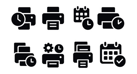 Solid style icons of scheduled and delayed print: print timer icon, schedule job badge, print later symbol, delayed task icon, print queue clock, print on event trigger, batch print symbol, print