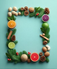 Square frame crafted from colorful fresh fruits and vegetables on a white background, perfect for healthy food themes.
