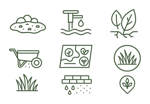 Line style icons of sustainable landscaping: mulched soil patch, drip irrigation head, drought-tolerant leaf, compost spreader, eco garden plan, permeable surface icon, low-mow grass badge, native