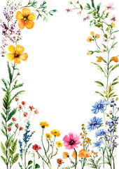 Obraz premium Pretty and colorful floral frame. Watercolor hand-painted wildflowers, plants, herbs, leaf on white background. Botanical rectangle border. PNG clipart.