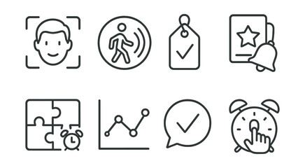 Line style icons of innovative alarm features: facial recognition icon, motion-sensing badge, wake-up challenge tag, reward after snooze file, puzzle alarm board, active session chart, challenge