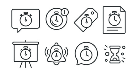 Line style icons of reminder timers: notification timer icon, alert reminder badge, task deadline tag, event prompt file, daily reminder board, alert ping chart, notification bubble, timely nudge