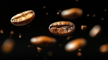 Fototapeta premium Flying Roasted Arabica and Robusta Coffee Beans Create Dynamic Visuals on a Dark Background