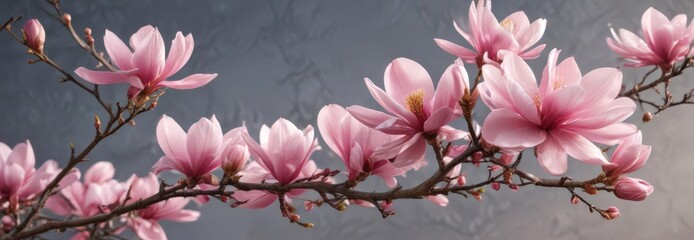 A graceful pink magnolia branch laden with full blooms , pink flowers, bloom, flowers