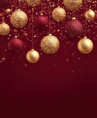 Fototapeta premium Close-up of red and gold Christmas background decorated with shiny gold baubles and festive textures.