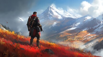 Obraz premium Lone Traveler with Autumn Mountain View.