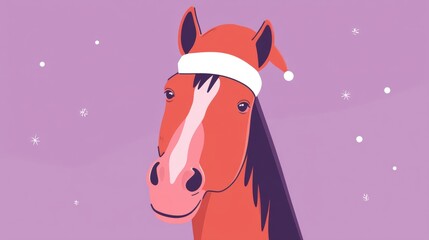 Brown horse wearing a red Santa hat against a plain white background, festive holiday theme.