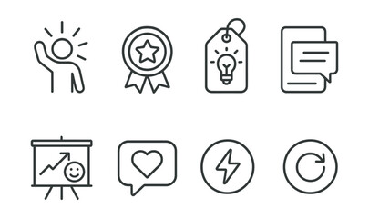 Line style icons of motivation for self-improvement: motivation icon, positive reinforcement badge, inspiration tag, pep talk file, encouragement board, uplifting message chart, energy boost bubble,