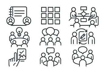 Line style icons of team-based visual notes: shared notebook page, post-it wall of thoughts, co-draw flow chart, brainstorm table layout, group feedback bubbles, rotating sketch role, voting + draw