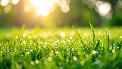 Fototapeta premium Fresh Wet Grass with Dew Drops in Spring Morning