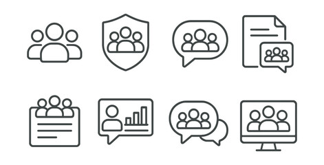 Line style icons of online groups: group icon, community badge, discussion tag, team chat file, group post board, forum chart, collaborative bubble, virtual meetup symbol.