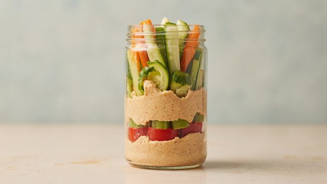 A glass jar filled with colorful layers of fresh veggies topped with creamy hummus for easy and healthy snacking on the go