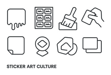 Line style icons of sticker art culture: sticker with drip edge, sheet of cut tags, paste symbol, hand with sticker, slap tag icon, bold shape sticker, custom logo mark, overlap sticker layout.