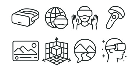 Line style icons of virtual reality: VR headset icon, virtual world badge, immersive experience tag, VR controller file, simulation board, 3D space chart, virtual tour bubble, digital immersion