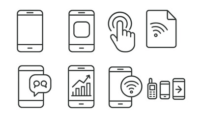 Line style icons of mobile technology: smartphone icon, mobile app badge, touch screen tag, mobile network file, communication app board, mobile device chart, mobile connectivity bubble, smartphone