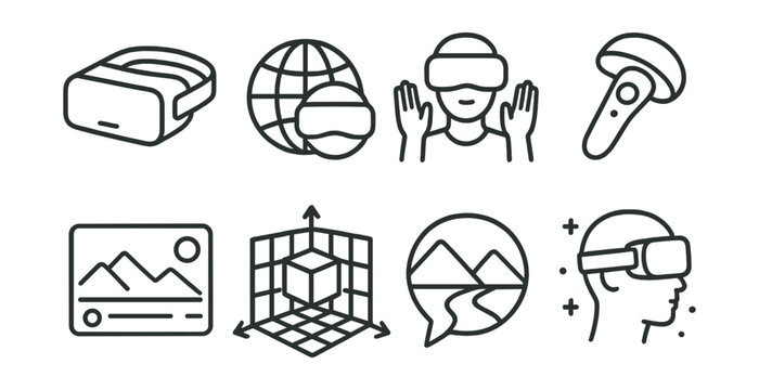 Line style icons of virtual reality: VR headset icon, virtual world badge, immersive experience tag, VR controller file, simulation board, 3D space chart, virtual tour bubble, digital immersion