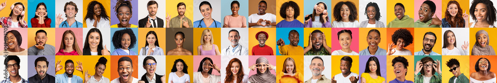 Poster A collection of diverse individuals from various backgrounds display their joyful personalities. Each person captures a distinct moment, reflecting the richness of diversity and unity.
