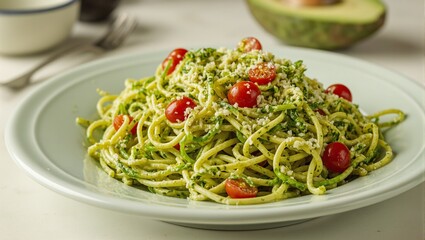 Delicious avocado pasta with spiralized zucchini in pesto sauce topped with cherry tomatoes Fresh and vibrant vegetarian meal option