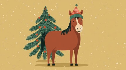 Horse wearing a gold crown stands beside decorated Christmas tree with lights and ornaments indoors.