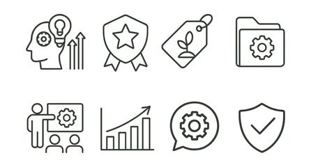 Line style icons of skills mentorship: skill development icon, learning badge, personal growth tag, talent refinement file, training session board, skills progression chart, expertise bubble,