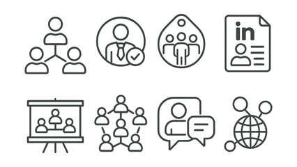Line style icons of business networking for mentors: networking icon, professional connection badge, community engagement tag, LinkedIn profile file, mentor group board, referral network chart,