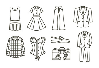 Line style icons of fashion history references: 1920s flapper dress, 1950s circle skirt, 1970s bell bottoms, 1980s shoulder pads, 1990s grunge icon, corset sketch, vintage loafer, old camera + outfit