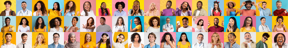 Poster a vibrant collection features diverse individuals smiling and expressing happiness against colorful 