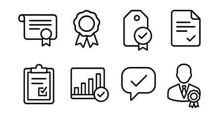 Line style icons of certification: diploma icon, certificate badge, completion tag, accreditation file, test result board, passing grade chart, qualification bubble, professional achievement symbol.